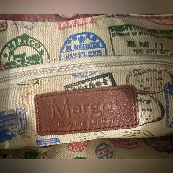 Margot Brown Genuine Leather Tote Shoulder Bag W Bow Travel Stamp Pattern Inside - Picture 9 of 10